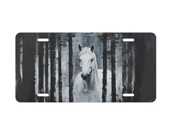 Placa de matrícula White Horse Vanity Plate Black Trees Front Car Decoración de coche Accesorio de coche Placa de matrícula Letrero metálico Auto Tag Decoración de vehículo