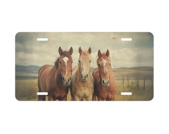 Three Brown Horses Vanity Plate Front of Car Car Decoration Car Accessory License Plate Metal Sign Auto Tag  Vehicle Decoration