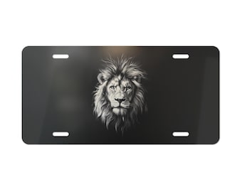 Black White Lion Face Vanity Plate Front of Car Decoration Auto Accessory Animal License Plate Metal Sign Durable Auto Tag Identify Vehicle