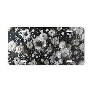 ON SALE, Flowers Vanity Plate Black White Polka Dots, Front of Car, Car Decoration, Car Accessory, License Plate