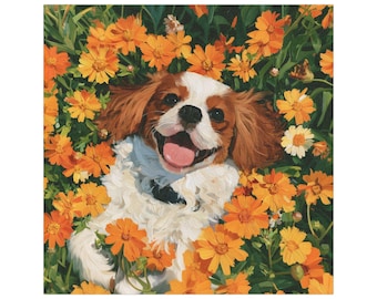 Smiling Cavalier King Charles Spaniel in Orange Flowers Car Magnet | Cute Dog Floral Small Gift Idea Christmas Birthday Present