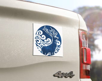 Blue Stag Illustration Car Magnet | Deer Silhouette Swirls Vehicle Decoration Outdoor/Indoor Square Magnet Durable Car Decor