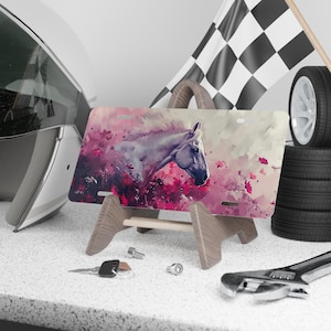 White Horse Vanity Plate Hot Pink Front of Car Car Decoration Car Accessory License Plate Metal Sign Auto Tag Vehicle Decoration image 4