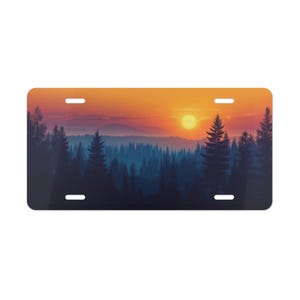ON SALE, Sunset Pine Trees Mountains Vanity Plate Silhouette, Front of Car, Car Decoration, Car Accessory, License Plate