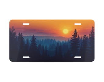 Sunset Pine Trees Mountains Vanity Plate Silhouette Front of Car Decoration Auto Accessory Vehicle Decor License Plate Back to School Gift
