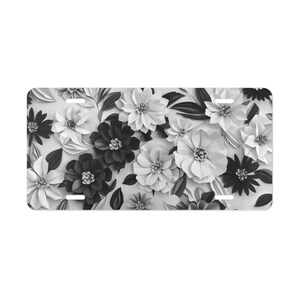 ON SALE, Paper Flowers Vanity Plate Black White, Front of Car, Car Decoration, Car Accessory, License Plate