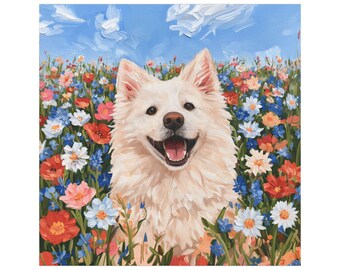 Smiling White Dog in Wildflower Field Car Magnet | Floral Pet Magnet Vehicle Decoration Outdoor/Indoor Square Magnet Durable Car Decor