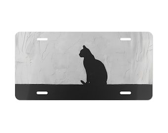 Placa decorativa con silueta de gato negro para la parte delantera del coche. Decoración para coche. Accesorio para coche. Placa de matrícula metálica. Etiqueta para coche. Decoración para vehículos.