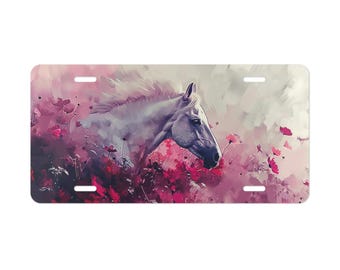 White Horse Vanity Plate Hot Pink Front of Car Car Decoration Car Accessory License Plate Metal Sign Auto Tag  Vehicle Decoration