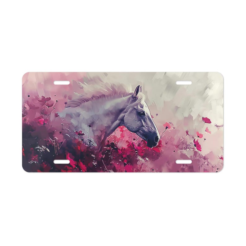 White Horse Vanity Plate Hot Pink Front of Car Car Decoration Car Accessory License Plate Metal Sign Auto Tag Vehicle Decoration image 1