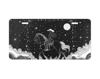 Tablica rejestracyjna Cosmic Cowgirl, niebieska, czarno-biała, przód samochodu, dekoracja samochodowa, akcesoria samochodowe, metalowa tablica rejestracyjna, etykieta samochodowa