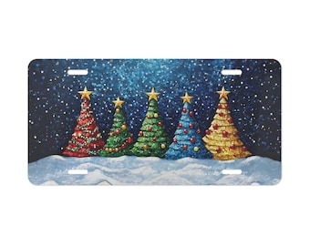 Christmas Trees Vanity Plate Pine Tree Colorful Decorated Xmas Front of Car Car Decoration Car Accessory License Plate Birthday Gift