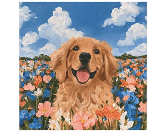Smiling Golden Retriever in Wildflower Field Car Magnet | Dog Art Magnet Vehicle Decoration Outdoor/Indoor Square Magnet Durable Car Decor