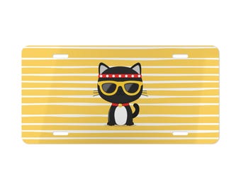 Cool Black Cat Vanity Plate Hippie Yellow Stripes Front of Car Car Decoration Car Accessory License Plate Metal Sign Auto Tag