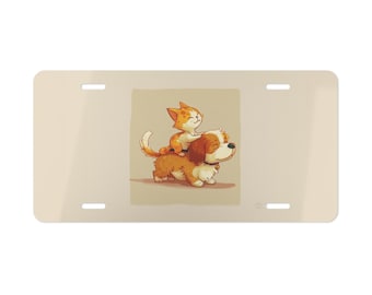 Placa decorativa para coche con diseño de gato acariciando a un perro. Decoración para coche. Accesorio para coche. Placa de matrícula metálica. Etiqueta para coche. Decoración para vehículos.