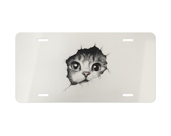Cat Peaking Vanity Plate Hole in Wall Front of Car Car Decoration Car Accessory License Plate Metal Sign Auto Tag  Birthday Gift