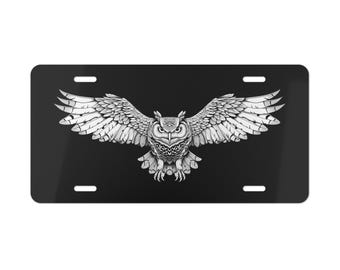 Placa decorativa de búho en blanco y negro para la parte delantera del coche. Decoración para coche. Accesorio para coche. Placa de matrícula metálica. Letrero para automóvil. Decoración para vehículos.