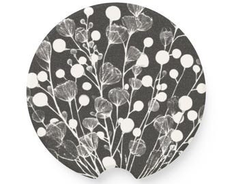 Posavasos para coche de esteatita con flores en blanco y negro, decoración para coche en blanco y negro, idea de regalo, decoración para vehículo, regalo, decoración para vehículo, idea para rellenar medias navideñas