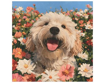 Smiling Doodle in Wildflower Field car magnet | Dog Floral Sticker Magnet Vehicle Decoration Outdoor/Indoor Square Magnet Durable Car Decor