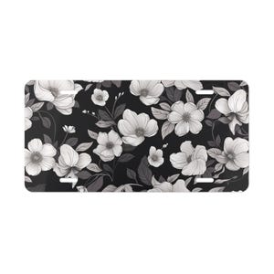 ON SALE, Flowers License Plate, Vanity Plate, Front of Car, Floral Design, Nature, Black and White