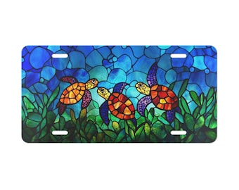 Turtles Vanity Plate Stained Glass Front of Car Car Decoration Car Accessory License Plate Metal Sign Auto Tag  Vehicle Decoration