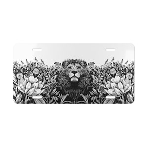 ON SALE, Lion and Flowers Vanity Plate, Floral Design, Black and White, Front of Car, Car Decoration, Car Accessory, License Plate