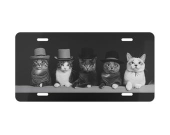 Gatos con sombreros Placa de matrícula Arte de gato blanco y negro Parte delantera del coche Decoración del coche Accesorio para coche Placa de matrícula Letrero de metal Etiqueta de automóvil