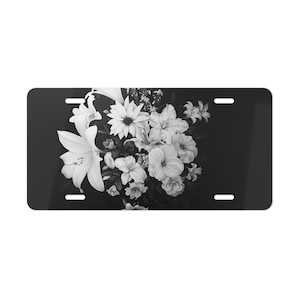 ON SALE, Flowers Vanity Plate Black White, Front of Car, Car Decoration, Car Accessory, License Plate