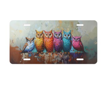 Placa decorativa con búhos coloridos para la parte delantera del coche, accesorio para coche, placa de matrícula metálica, letrero para automóvil, regalo de Navidad para adultos.