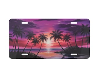 Beach Sunset Pink Purple Vanity Plate License Palm Trees Decoration Auto Accessory Vehicle Decor Tropical Paradise Ocean View Car Decoration