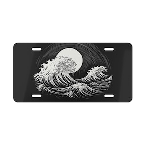 Sun and Waves, Vanity Plate, Beach, Surfer, Ocean Theme, Black and White, Front of Car, Car Decoration, Car Accessory, License Plate