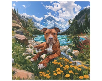 Mountain Dog Scene Car Magnet | Pitbull by Alpine Lake Floral Landscape Vehicle Decoration Outdoor/Indoor Square Magnet Durable Car Decor