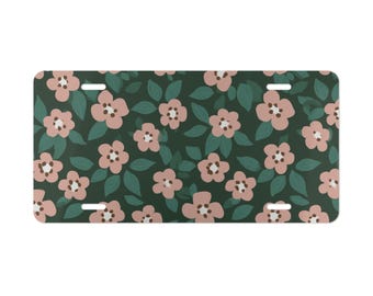 Pink Floral Vanity Plate Green Car Decor Flower Vehicle Decoration Botanical Auto Tag Metal Sign Floral Pattern Option to Buy Multiple