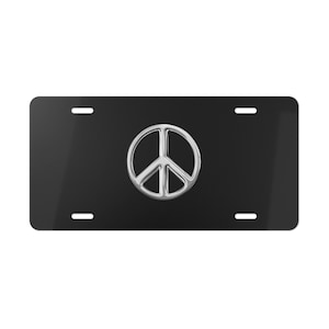 ON SALE, Peace Sign Black Vanity Plate White Minimalist Minimal, Front of Car, Car Decoration, Car Accessory, License Plate