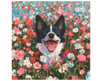 Happy Border Collie in Wildflower Field Car Magnet | Floral Dog Art Magnet Vehicle Decoration Outdoor/Indoor Square Magnet Durable Car Decor