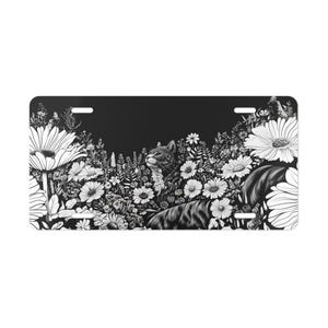 ON SALE, Cat and Flowers Vanity Plate,  Black and White, Front of Car, Car Decoration, Car Accessory, License Plate