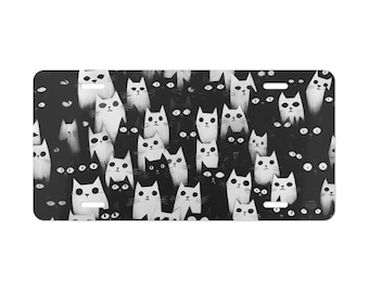 Black White Cat Vanity Plate Cartoon Cats Front of Car Car Decoration Car Accessory License Plate Metal Sign Auto Tag  Birthday Gift