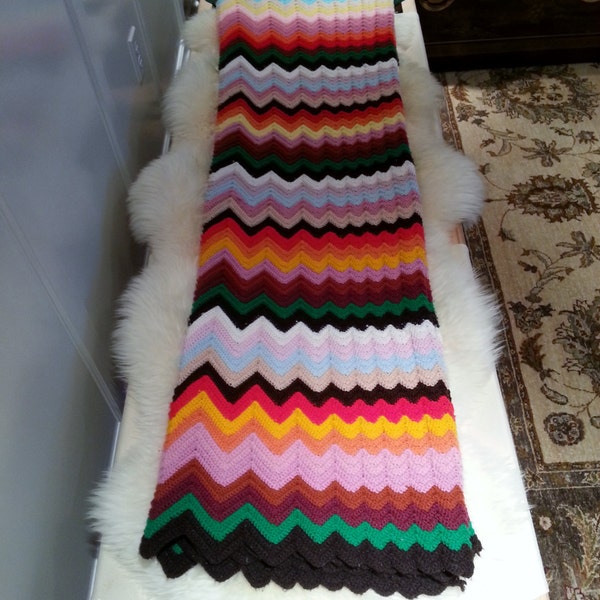 RESERVED FOR GYPSYARABELLA Vintage Multi color Rainbow striped Crochet Afghan Throw Hand Knit Blanket Zig Zag Chevron Pattern Holiday Gift