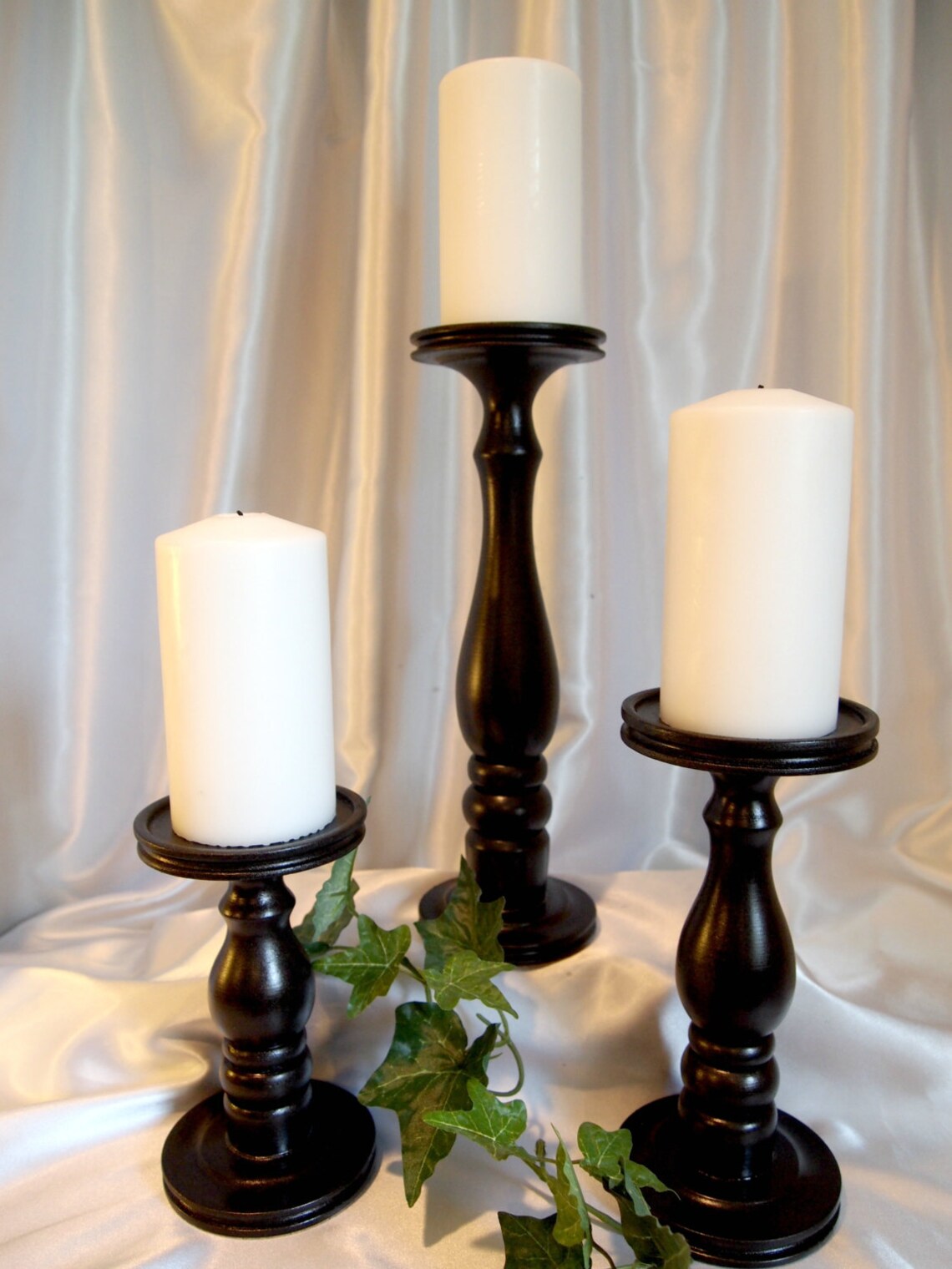 Black Satin Pillar Candle Holders Set of 3 Etsy