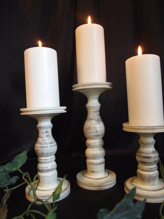 Farmhouse White Lathe Turned Wooden Pillar Candle Holder Set Of 3 Made In Usa Style No 1