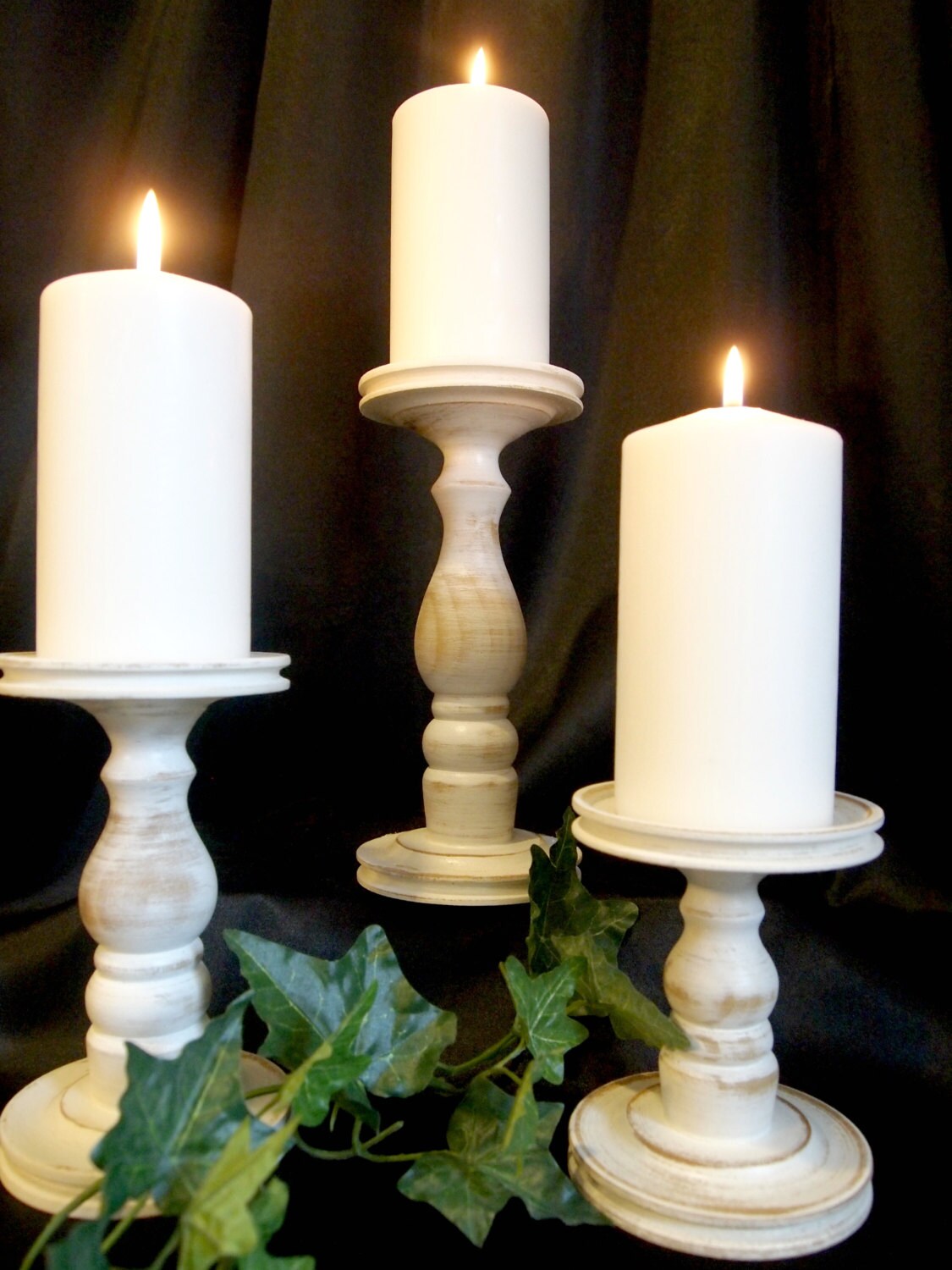 Farmhouse White Wooden Candle Holder Set of 3 Lathe turned Etsy