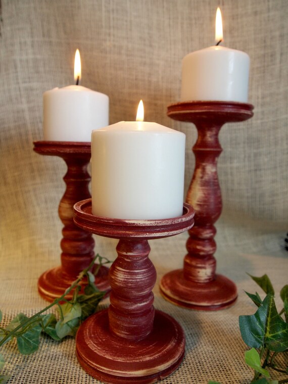 Farmhouse Red Wooden Candle Holder Set of 3 Lathe Turned Etsy