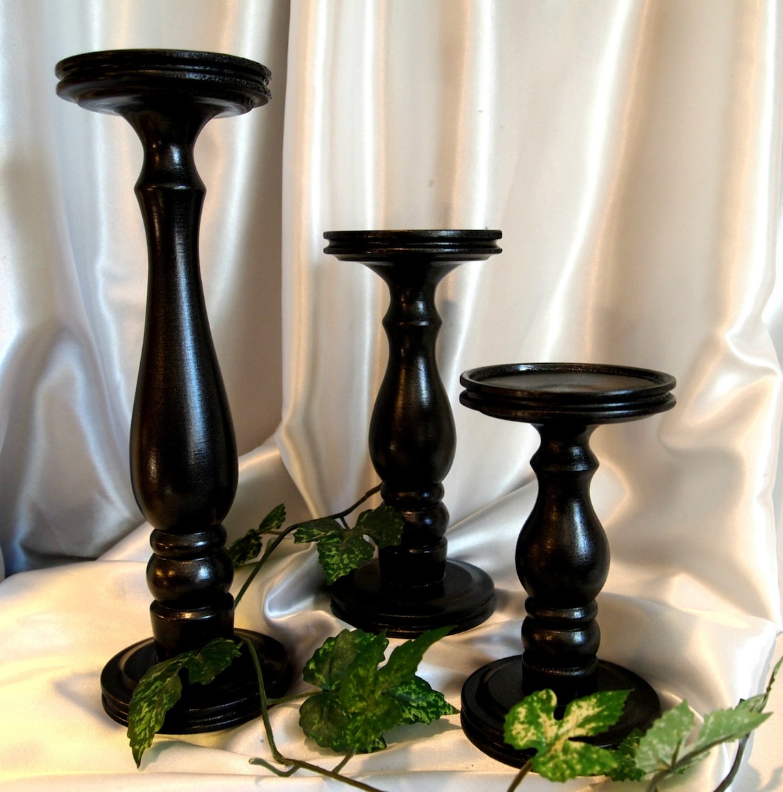 Black Satin Latheturned Pillar Candle Holders Set of 3 MADE Etsy