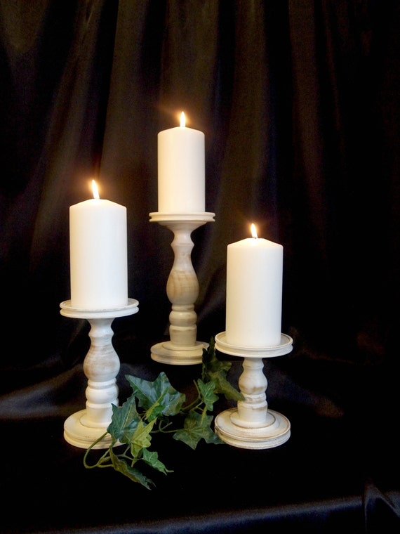 Farmhouse White Wooden Candle Holder Set Of 3 Lathe Turned Made In Usa