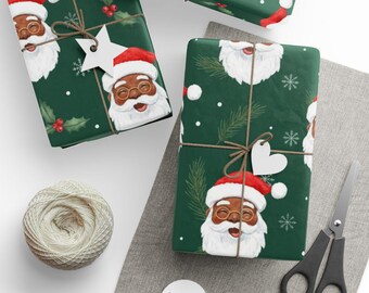 Black Santa Christmas Wrapping Paper, Festive Holiday Decor