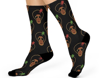 Afro Comb Crew Socks, 70s Retro Pattern, Black Art