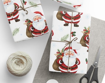 Santa Christmas Wrapping Paper, Cute Holiday Gift Wrap, Festive Xmas Paper, Watercolor Santa Pattern, Premium Gift Wrapping Paper