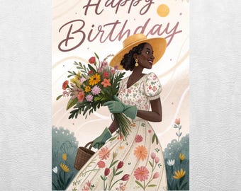 Happy Birthday Woman Gardener Digital Art, Floral Dress, Printable Card, Digital Download