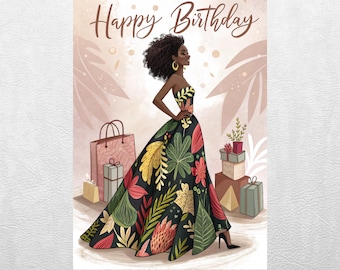 Happy Birthday Art Print, Black Woman Digital Printable Card, Elegant Black Girl Magic Illustration