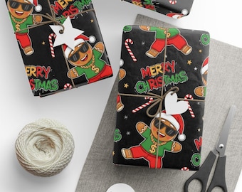 Gangsta Gingerbread Christmas Wrapping Paper, Cool Cookie Gift Wrap, Holiday Present Decor, Festive Xmas Paper, Funny Christmas